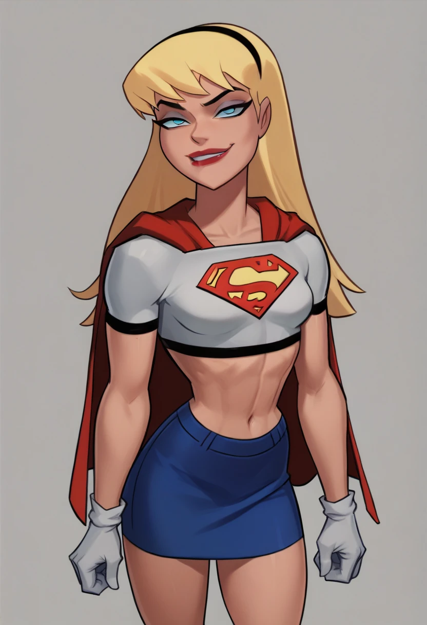 1girl, supergirl, blonde hair, long hair, hairband, blue eyes, makeup, lipstick, white gloves, red cape, blue skirt, white crop top, smug, standing, portrait, 