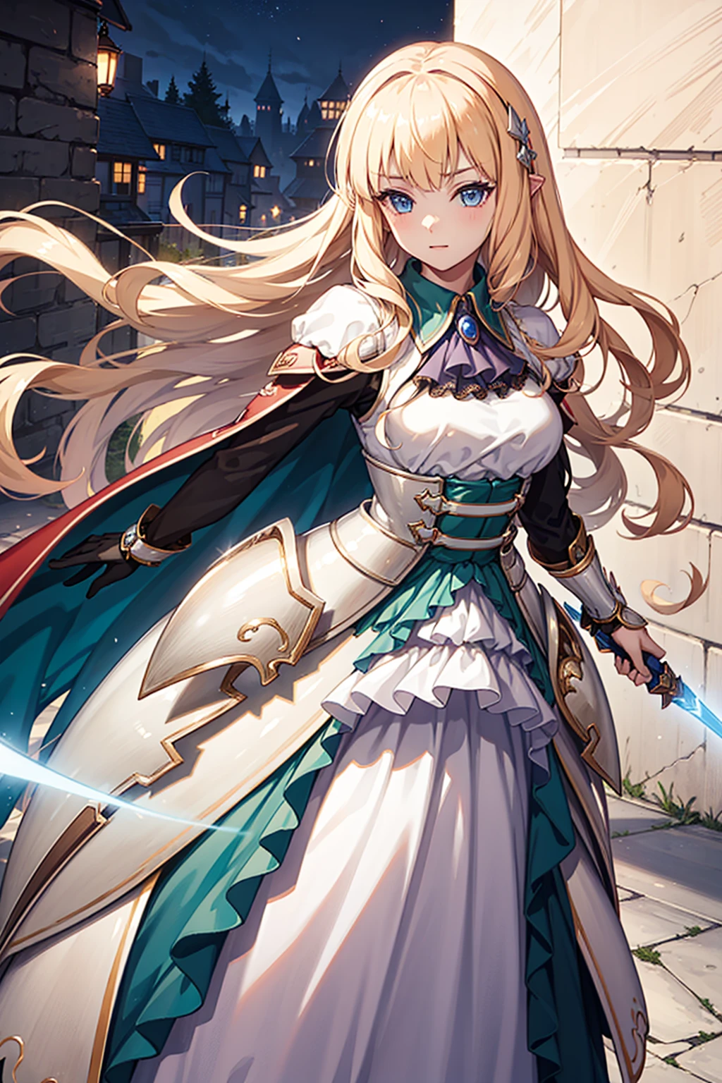 Become a，Fantasy Princess，obsessed， Big  ，in love，sacred，( and a white princess dress:1.3)，Blonde hair and blue eyes，Blue Eyes，Great Sword，Holy Sword，Super super details，Ruffles，Lots of Lace，(Stripes on clothes:1.2)，(Dress nicely:1.1)，(Layered Skirt),Transparent clothing，Beautiful and delicate face， movie lighting，night，The only person，Lace,(shine:1.2), ( best quality), (masterpiece:1.2),shine宝石, Gentle, Gentle, goddess, ,, Gentle, group，SFW skirt，Fight enemies 