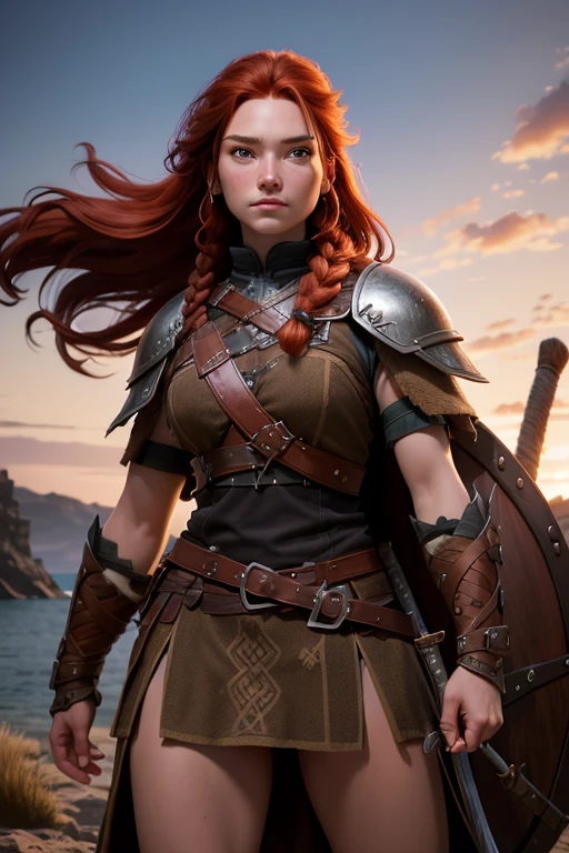 woman young, Red-haired warrior, long hair gathered in a single braid, freckles on the face, mix of Nordic and Celtic themes, armed with long sword and round wooden shield, wearing medium leather armor with fur linings and Celtic and Norse knots, ,  very detailed , highest qualityr