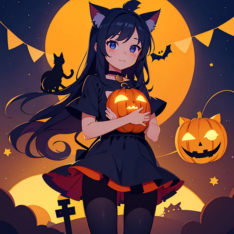 Illustration wallpaper,  little character , Cat ear girl, Witch girl, Halloween, cute, Kitten,  Jack O Lantern, rainbow, Crescent Moon, 