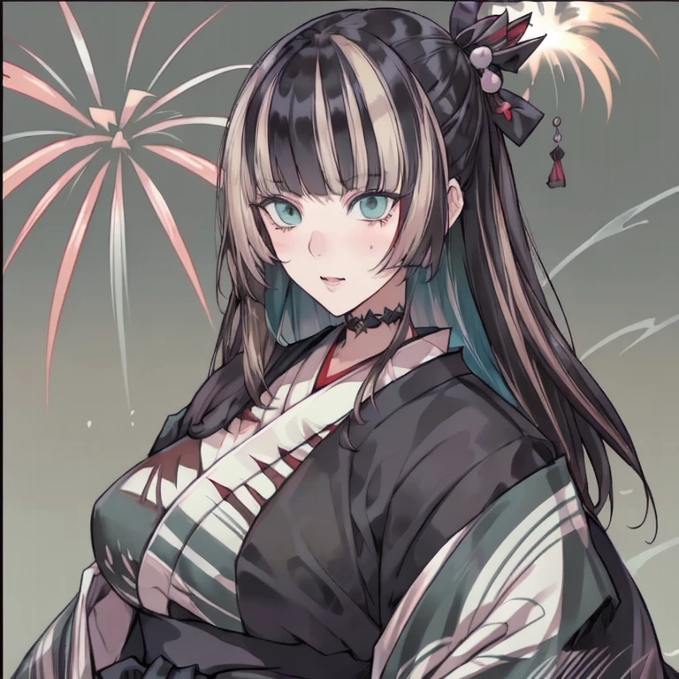 masterpiece,best quality,ultra detailed,Mother of pearl, Black Hair, Blonde highlights,  Gothic Dress, ,Grey Green Eyes, Mother of pearl sharp eyes ,((highly saturated colors)),(((Japanese Kimono))),Large Breasts, ,Fireworks in the background，