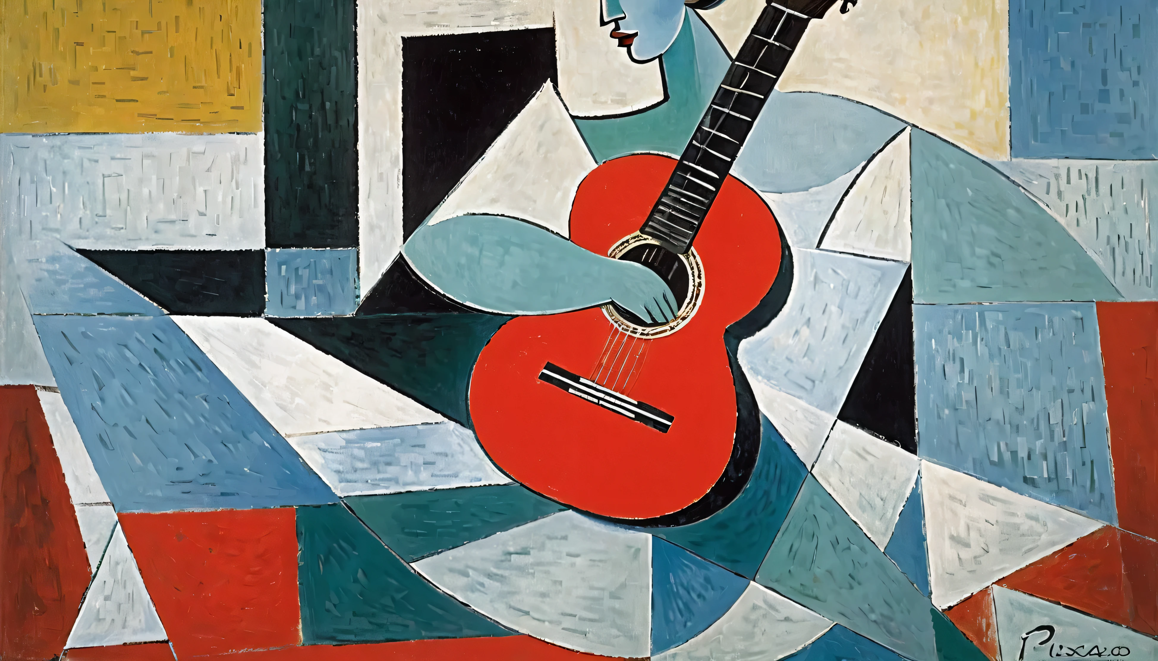 ,    By Pablo Picasso  ,Guitar,Oil,カラフルなGuitarと背景は平面構成のみ,Red is the point , people are missing,unsigned   