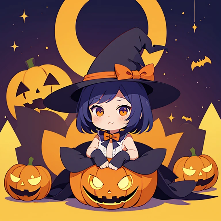 masterpiece, Illustration wallpaper, Chibi character style, Cat ear girl, Witch girl, Halloween, cute, Kitten,  Jack O Lantern, rainbow, Crescent Moon, 