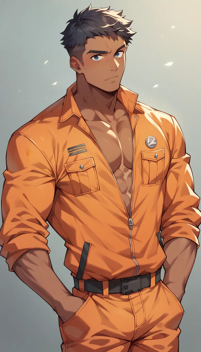 best quality orange jumpsuit　male　solo　muscle　Dark skinned　 blue eyes 　Short Hair　　