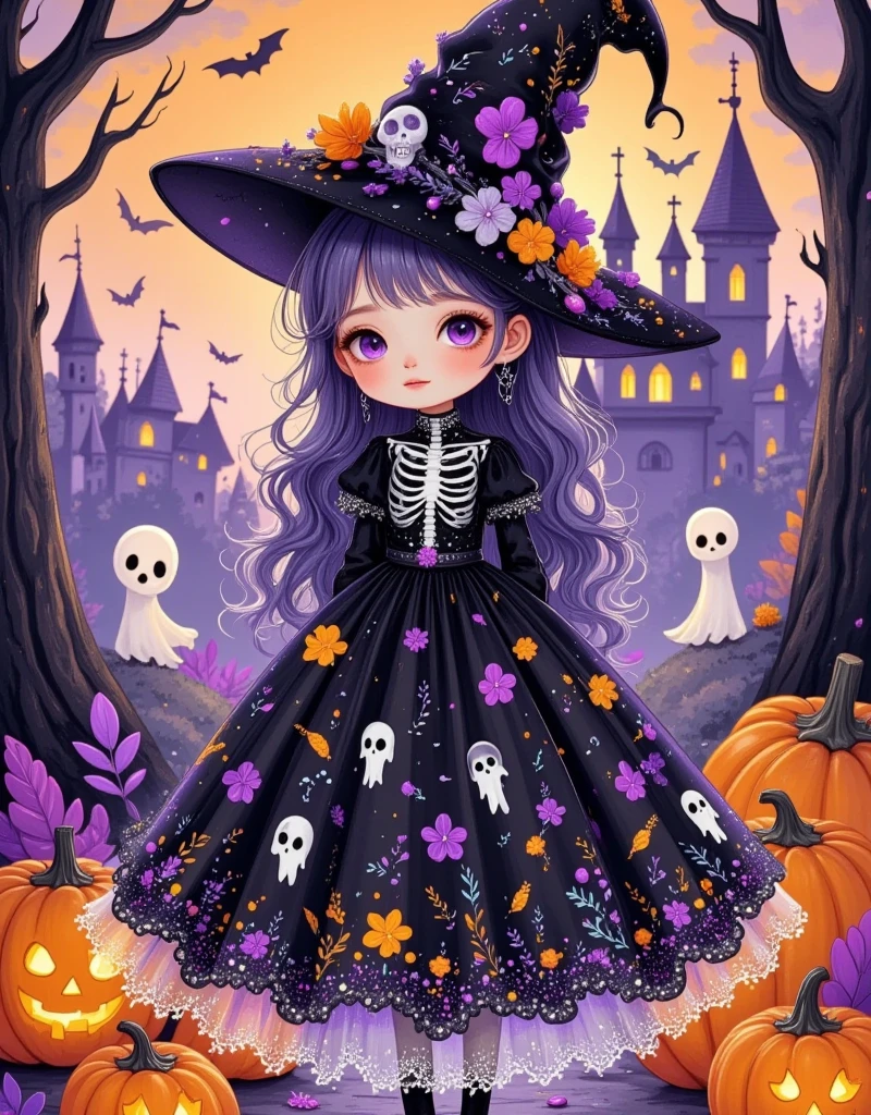  A Cartoon Ghost Doll ，Dissecting from the Middle ， Half Plastic Material ， Half Plastic Skull Skeleton ， Wears a Pointed Wizard Hat，Halloween pumpkin background， X-Ray Style Trendy Play ， Anatomical Style Doll ，OC Rendering，High-quality rendering，C4D， Ultra HD， Purple Orange Ambient Light 