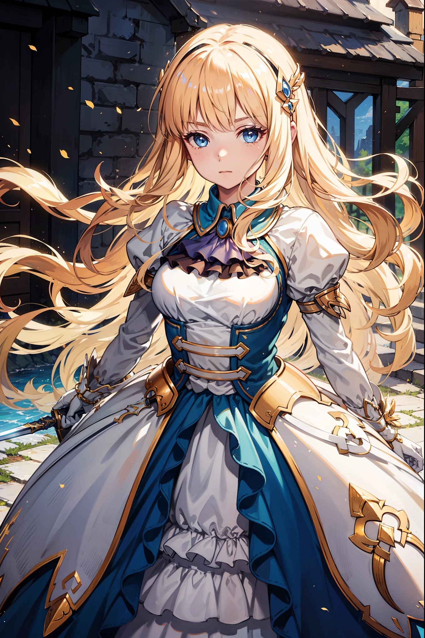 Become a，Fantasy Princess，obsessed， Big  ，in love，sacred，( and a white princess dress:1.3)，Blonde hair and blue eyes，Blue Eyes，Great Sword，Holy Sword，Super super details，Ruffles，Lots of Lace，(Stripes on clothes:1.2)，(Dress nicely:1.1)，(Layered Skirt),Transparent clothing，Beautiful and delicate face， movie lighting，night，The only person，Lace,(shine:1.2), ( best quality), (masterpiece:1.2),shine宝石, Gentle, Gentle, goddess, ,, Gentle, group，SFW skirt，Fight enemies 