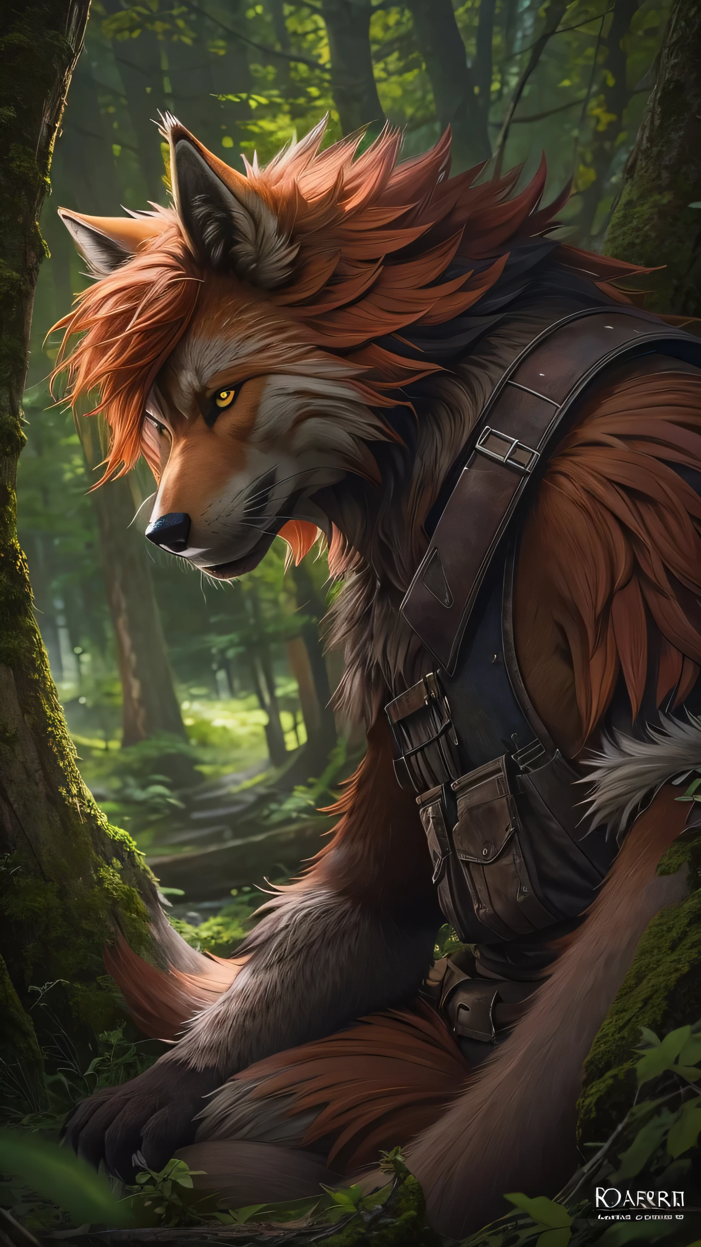 A fifty-year-old man with red hair and a shaggy tail in the forest, Digital painting by Daarken, CGSociety contest winner,  furry art , very very beautiful  furry art , Detailed fur like in a dramatic movie, Furry Fantasy Art, Reusch and Urop, Humanity Art, Shaggy Wolf, pov  furry art ,  furry art !!!, kemono, 🌺 CGSociety