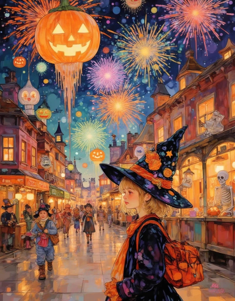 painting of a cute girl magical witch hat on standing waiting for halloween, aesthetic girl,  digital painting of halloween, elegant , in a oil painting style, in a painting of a yellow short bob cut hair girl, high quality digital painting, elegant digital painting, cute portrait, painting of a girl, painting of beautiful,digital art oil painting, ,,,,A lively Halloween street party with towering inflatable monsters and skeletons lining the sidewalks. The sky is ablaze with fireworks of orange, purple, and green, lighting up the faces of costumed revelers. Stalls offer an array of spooky treats, from candy corn to cupcakes shaped like eyeballs. A giant inflatable jack-o'-lantern arches over the street, glowing brightly. ren in costumes—witches, pirates, and superheroes—race through the crowds, laughing and collecting candy from neighbors dressed as friendly monsters. The street is alive with vibrant, spooky energy, bright color