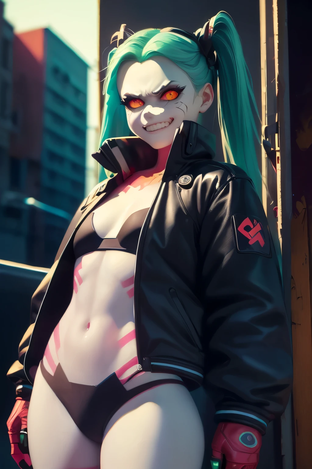 Rebecca, 1girl, young girl, 1 , futuristic cyberpunk, lewd grin, (twin tail, hairband, colored sclera, red sclera, green hair, green pupils, fang, red eyes, wearing a little sexy clothes, black croped jacket ), ((skinny body)) , ((psycho face, creppy smiling. Angry face )), cinematic, ultra highly detailed, beautiful details, vivid, saturated colors, filigree detailed, tiny details, pop surrealism, cowboy shot. hyper-realistic style, highly detailed textures, reflective and glossy surfaces, cinematic lighting, neon lights reflecting off her skin, urban cyberpunk cityscape in the background, (vivid colors), (high contrast), (sharp focus), (bokeh effect in the background), (moody atmosphere), (digital painting style), (masterpiece: 2), best quality, ultra highres, original, extremely detailed, perfect lighting. ((Abandoned urban wall background ))