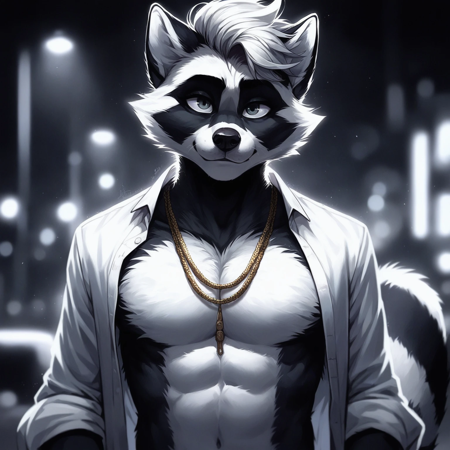 first, flat, Artistic, DETAILED: of a raccoon, with Pompadour hairstyle, wearing open white shirt,  with a gold chain around the neck, Standing at night low lighting .