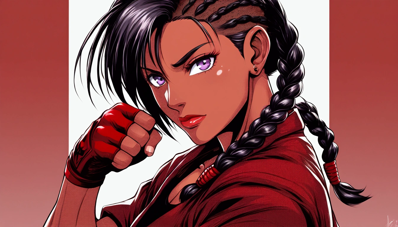 a drawing of a woman with red skin, purple eyes, black hair,black hair cut in a braided bob ,african braid,,a shirt on and a fist in her hand, fighter pose, striking manga artstyle, she is ready to fight, powerful stance, streetwear style, sf5 ink style, fight pose, muscular!!, female protagonist 👀 :8, comics manga art style, badass pose, detailed manga style, fighting pose, Red skin, amber eyes, street tattoo 