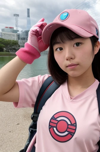 whole body,  portrait photo of a teenage Japanese girl, Rose Pink & Sky blue pokemon nude, Baseball cap, Backpacks,  Fingerless Gloves , Pokéball, Pokémon Gym,  Action Pose , natural skin,  high quality, ,   Fujifilm XT3  