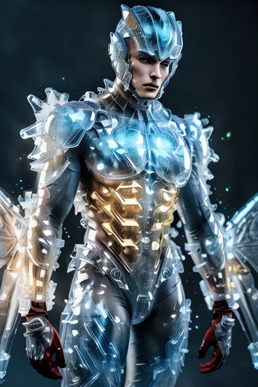 cameron Monaghan, A handsome, muscular young man with black hair, wearing a red and gold latex spandex costume, and energy-manipulating wristbands, posing in a futuristic, photorealistic scene, out(best quality,4k,8k,highres,masterpiece:1.2),ultra-detailed,(realistic,photorealistic,photo-realistic:1.37),detailed facial features,extreme detail description,vivid colors,dynamic lighting,cinematic composition,science fiction,superhero. With gold star embosed winged helmet,,face front camera focus 