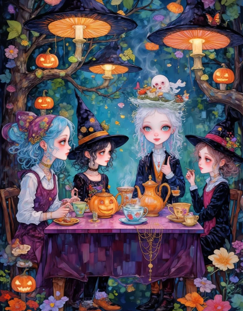 painting of a cute girl magical witch hat on standing waiting for halloween, aesthetic girl,  digital painting of halloween, elegant , in a oil painting style, in a painting of a yellow short bob cut hair girl, high quality digital painting, elegant digital painting, cute portrait, painting of a girl, painting of beautiful,digital art oil painting, ,,,,A whimsical Halloween tea party in a magical forest clearing, where ghostly apparitions sit around an ornate table set with pumpkin-shaped teapots, eerie green cakes, and steaming cups of glowing tea. The table is draped in a deep purple cloth adorned with golden spiderwebs, while tiny pumpkins float above it, glowing like lanterns. The attendees—witches, vampires, and a ghost with a top hat—engage in animated conversation, their cups clinking. The background is filled with glowing mushrooms and enchanted trees whose branches twist into the shapes of hands, reaching toward the table as if joining in the celebration, bright color