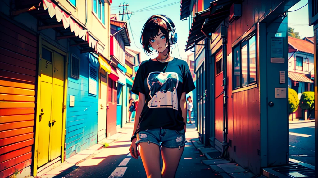 brazilian girl, alone, solo, full body, perfect hands, very tanned skin, beautiful, fish eye lens, wide angle, (((Various hair style))) (((Various eyes color))),headphones over ears,((( Various graphic t-shirt))), (((Various t-shirt color))), (((Various short color))),sneakers, Rio de janeiro cityscape, painting, vibrant colors,upbeat atmosphere,high-quality illustration(4k,realistic),summer sunshine, fresh air,motion blur effect,creative expression,lively, 1 girl, Solo, High Resolution, Masterpiece, Best Quality, High Details, Anatomically Correct, 