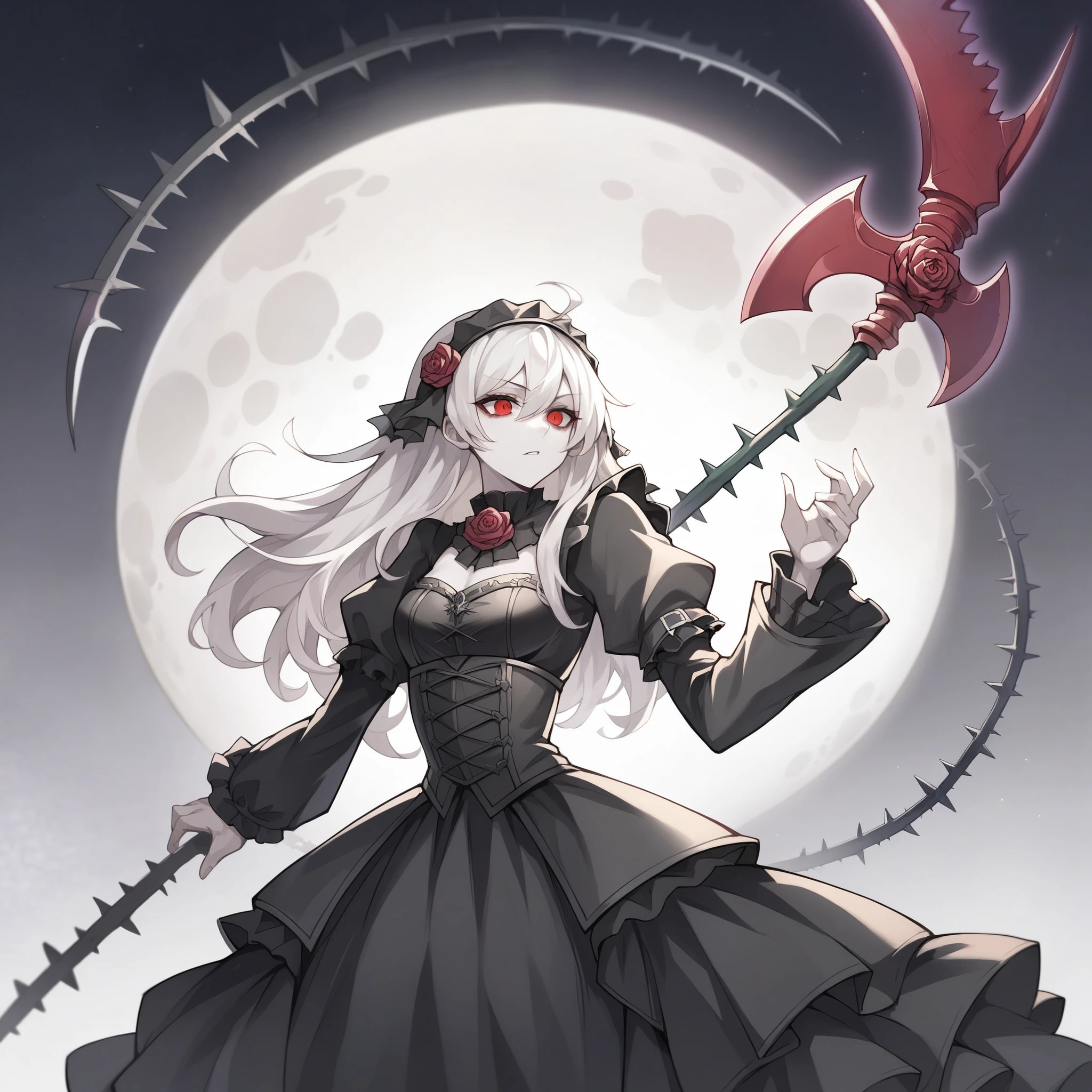 anime girl, solo, 4k absurdres, illustration, yugioh artstyle, glowing outline, gothic ****ta, black clothing, pale skin, white hair, red eyes, dynamic pose, rose scythe,scythe on back, thorn handle, dark void background,moon,