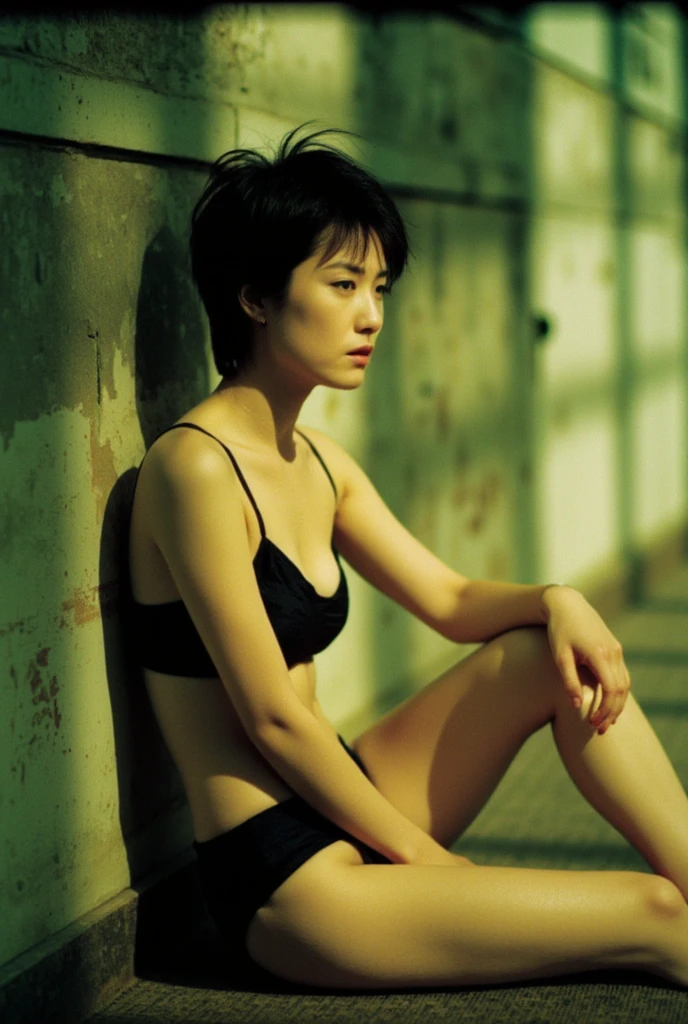 Best quality, masterpiece, ultra high res, (photorealistic:1.5), raw photo, 1girl, in the dark, deep shadow, low key, cold light, sexy look, short hair, swimsuit