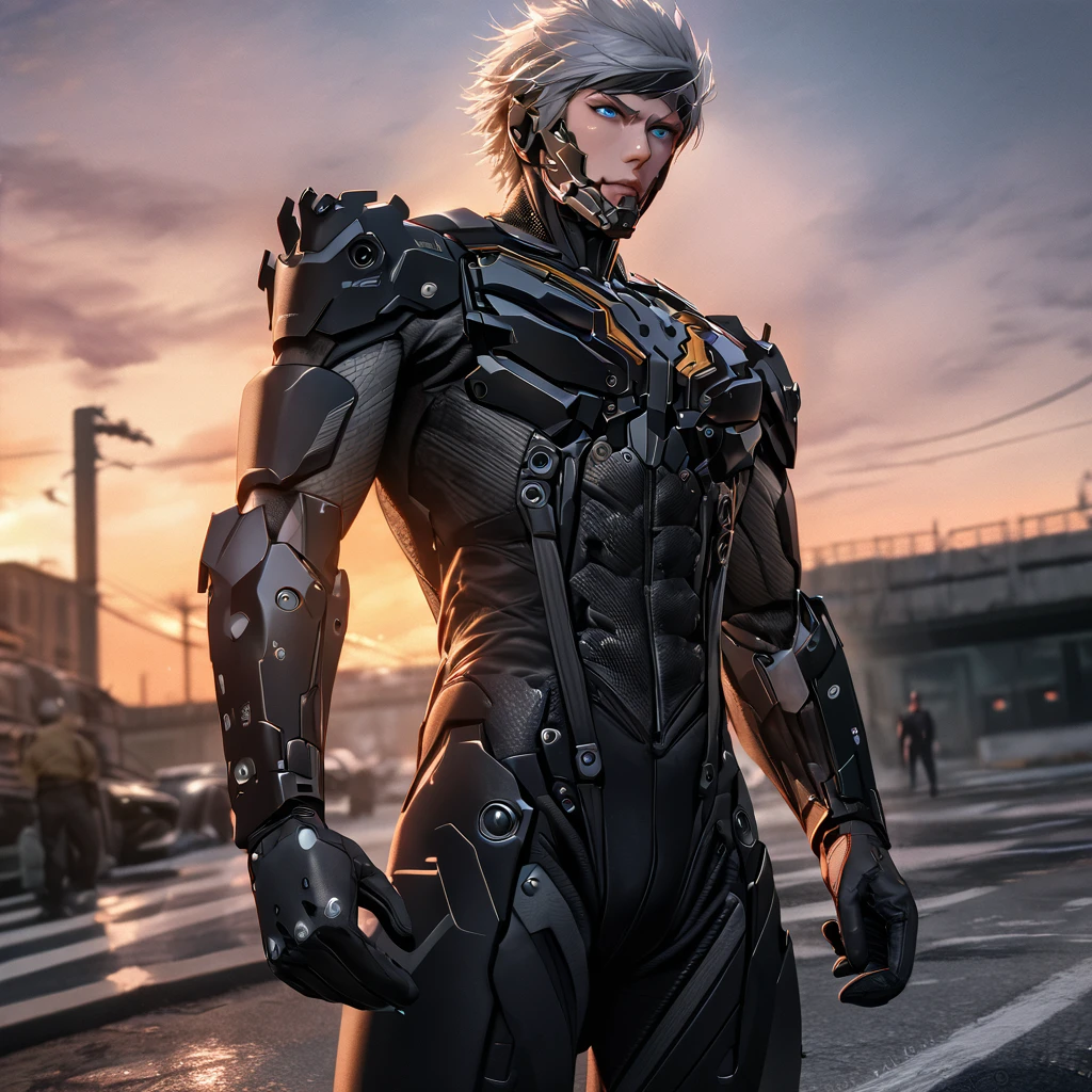 A man wearing a black suit, black pants, short white hair, blue eyes, black gloves, standing next to a black luxury car, on a concrete road with a view of the sky at the end of the sunset, perfect eyes , perfect face, (Metal_Gear_rising, Raiden, MGRR)masterpiece, accurate, anatomically correct, textured skin, super detail, high quality, best quality, 8k, high resolution, bokeh effect.(solo man). close view.
