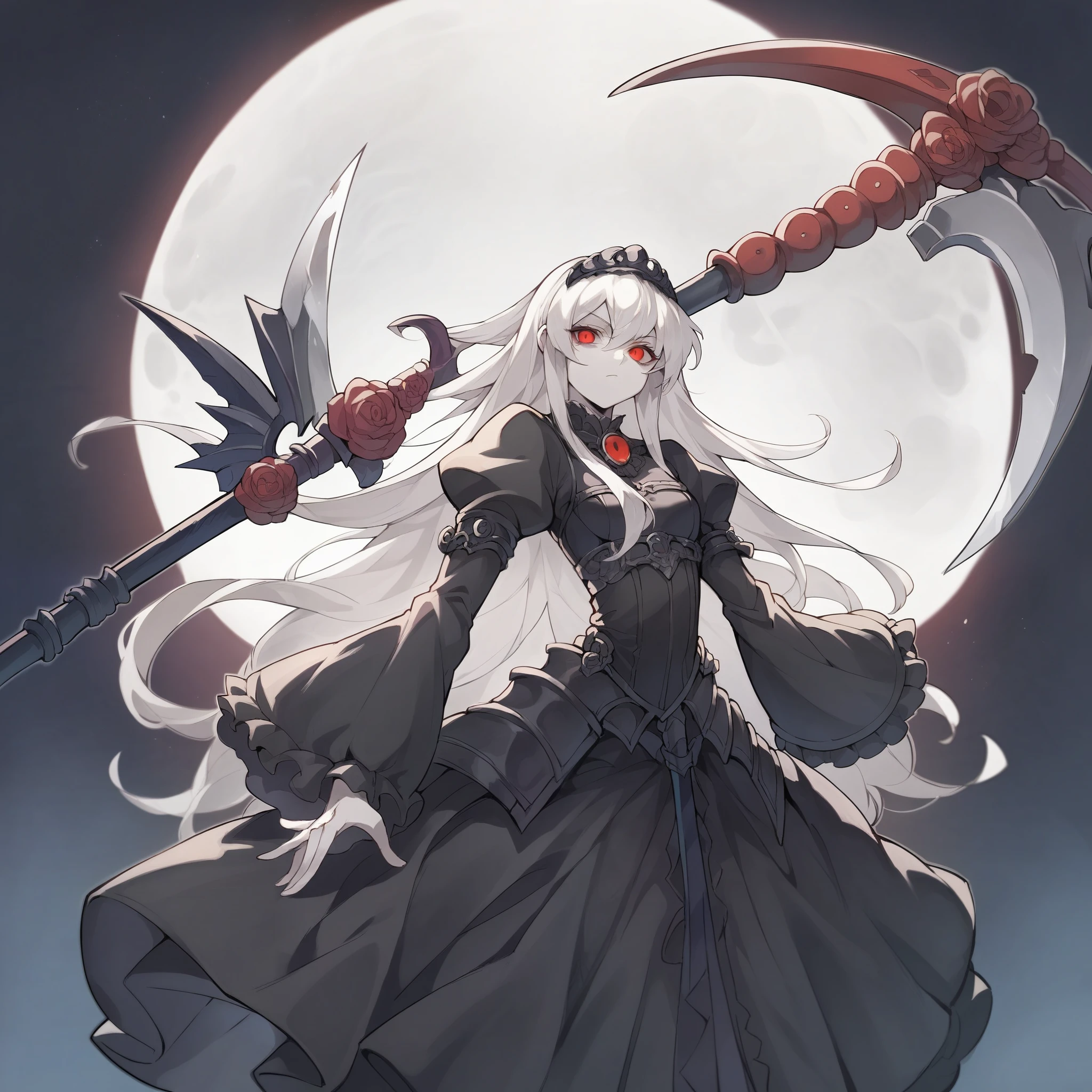 anime girl, solo, 4k absurdres, illustration, yugioh artstyle, glowing outline, gothic ****ta, black clothing, pale skin, white hair, red eyes, dynamic pose, white scythe, holding scythe, dark void background,moon,