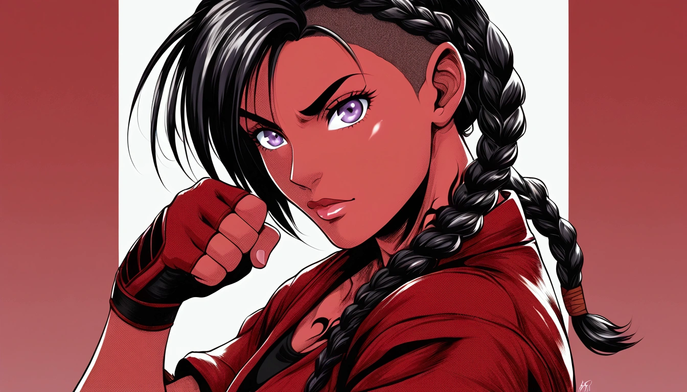 a drawing of a woman with red skin, purple eyes, black hair,black hair cut in a braided bob ,african braid,,a shirt on and a fist in her hand, fighter pose, striking manga artstyle, she is ready to fight, powerful stance, streetwear style, sf5 ink style, fight pose, muscular!!, female protagonist 👀 :8, comics manga art style, badass pose, detailed manga style, fighting pose, Red skin, amber eyes, street tattoo 