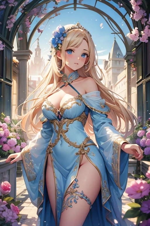 (masterpiece, round_iris, extremely_detailed), mature woman, shoujo_ai, 2woman, 2girls, pretty_starry_blue_eyes, perfect body, realistic_delicate_hands, close-up, anime style, woman, lush garden, feminine_expression, tender_expression, enjoying loving caresses, standing close, intimacy BREAK arona_\(blue_archive\), blue_hair, hair_over_one_eye, multicolored_hair, braid, hairband, short_hair, choker, single_braid, two-tone_hair, halo BREAK sunny_milk, detailed_blonde_hair, short_hair, twintails, two_side_up, wings, fairy_wings, fang BREAK long_eyelashes, mascara, eyeshadow, glistering_blue_eyes, glossy lips, little smile, pale_skin, smooth_skin, soft_skin, flawless_skin, shine_skin, small_breasts, perfect_breasts, round_breasts, detailed_clothes, no panties, summer dresses, waist, [[gentle breeze, photo_background, bokeh, glowing aura, light particles, ethereal, divine, serenity, calm, butterflies, falling petals]], [[[in the lush garden with morning light, they stand in summer dresses, without panties, amidst blooming flowers, standing close and enjoying adoring caresses in the fragrant breeze]]], masterpiece, scene, 