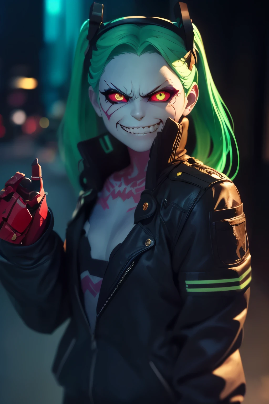 Rebecca, 1girl, young girl, 1 , futuristic cyberpunk, lewd grin, (twin tail, hairband, colored sclera, red sclera, green hair, green pupils, fang, red eyes, wearing a little sexy clothes, black croped jacket ), ((skinny body, tattoo)) , ((Showing hand:1.4)), ((psycho face, creppy smiling. Angry face )), cinematic, ultra highly detailed, beautiful details, vivid, saturated colors, filigree detailed, tiny details, pop surrealism, cowboy shot. hyper-realistic style, highly detailed textures, reflective and glossy surfaces, cinematic lighting, neon lights reflecting off her skin, urban cyberpunk cityscape in the background, (vivid colors), (high contrast), (sharp focus), (bokeh effect in the background), (moody atmosphere), (digital painting style), (masterpiece: 2), best quality, ultra highres, original, extremely detailed, perfect lighting. ((Abandoned urban wall background ))