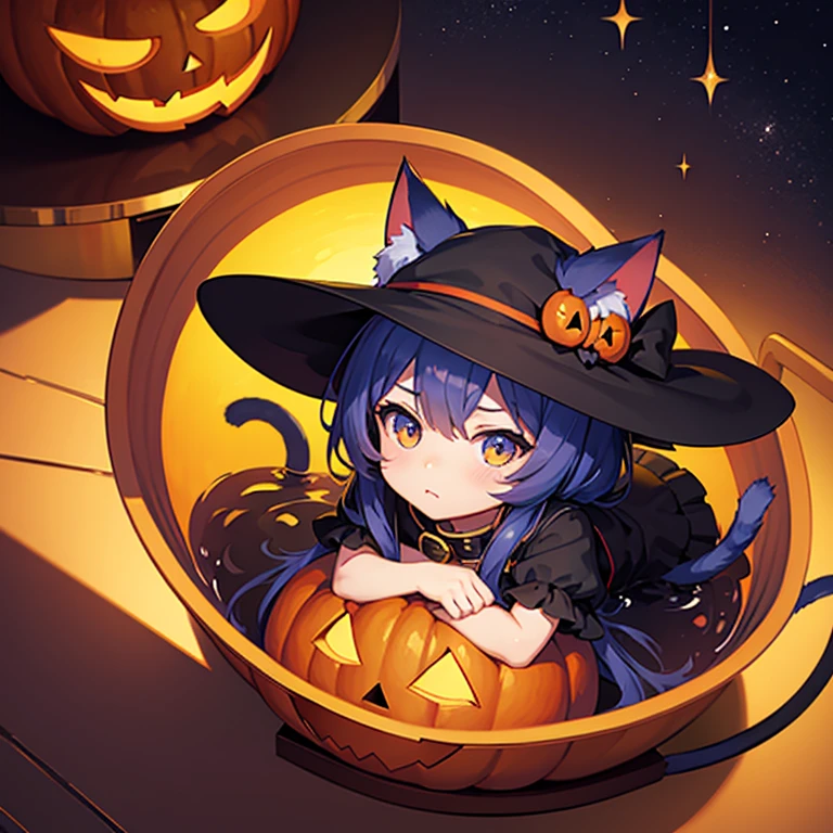 masterpiece, Illustration wallpaper,  avatar style, Chibi character style, Cat ear girl, Witch girl, Halloween, cute, Kitten,  Jack O Lantern, rainbow, Crescent Moon, 