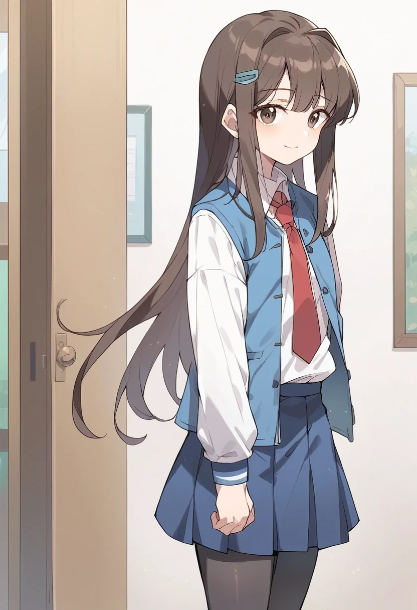   Best quality  , ( masterpiece:1.2), Highly detailed, school,  inside the house , standing,
1 , Alone, irido yume, 
looking at the observer, Closed mouth, light smile, 
 brown eyes,  dark brown hair ,  long hair , hair clip, , blue skirt, white shirt, blue jacket, Red tie,  black tights 