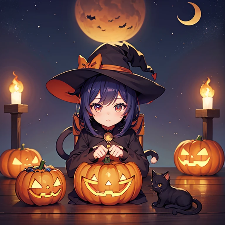 masterpiece, Illustration wallpaper,  avatar style, Chibi character style, Cat ear girl, Witch girl, Halloween, cute, Kitten,  jack-o-lantern, rainbow, Crescent Moon, 