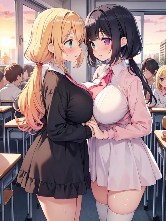 Two busty girls rub each other&#39;s breasts in their underwear while giving each other a blowjob in a school classroom