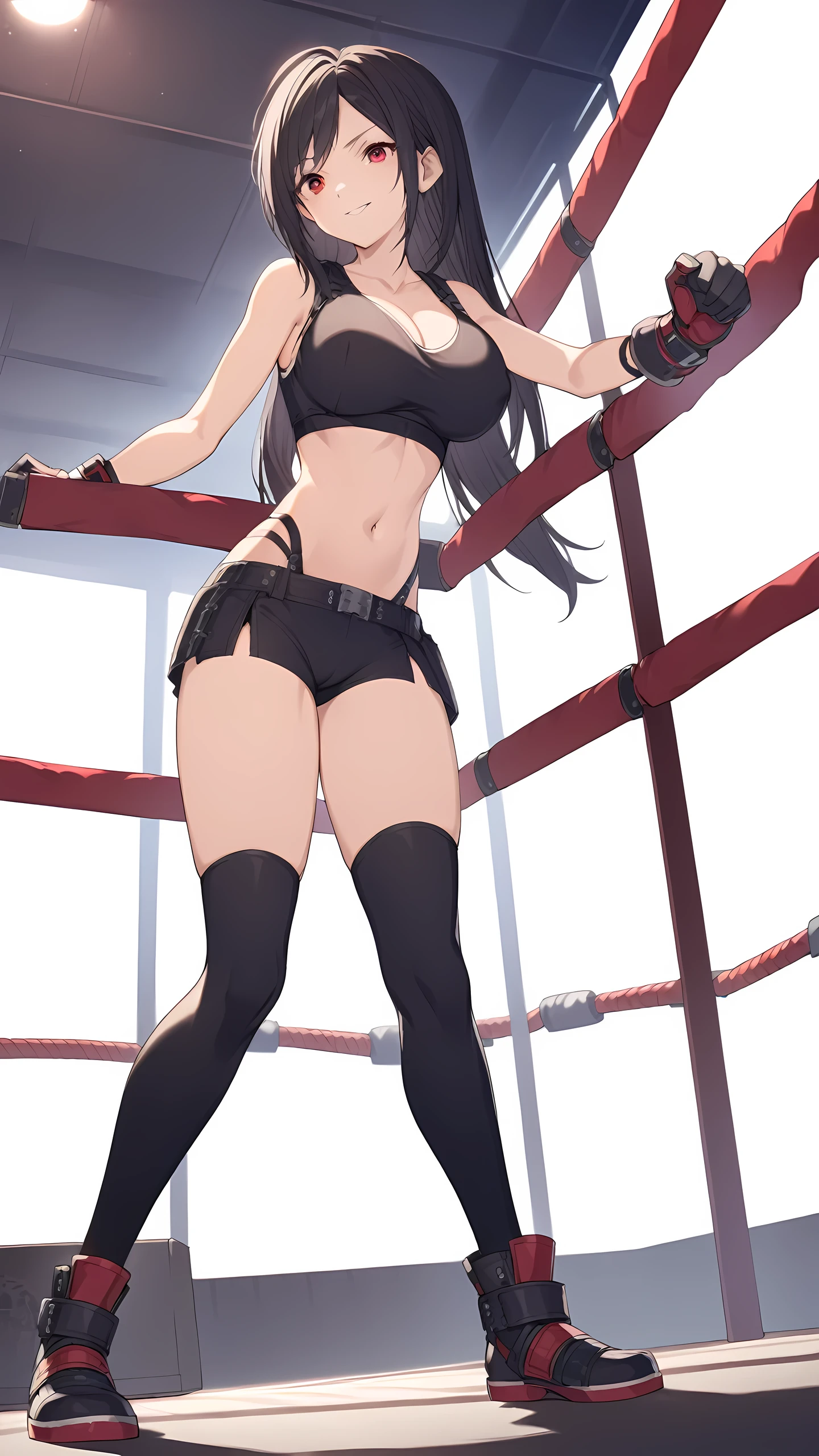 (Tifa Lockhart from Final Fantasy VII, black long haie, red eyes), (Age 25, Mature, cool and beautiful face), a beautiful, passionate girl with bouncing breasts, extremely detailed, detailed eyes, natural lighting, sports bra, athlete spats, mma gloves, sleeveless, bare thigh, cleavage, belly button, Toned stomach, long legs, in boxing ring, serious smile, standing victory stance, from below, full body shot,