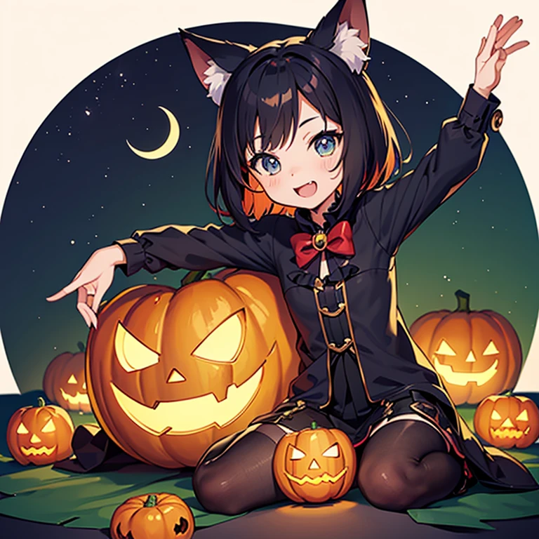 masterpiece, Illustration wallpaper,  avatar style, Chibi character style, Cat ear girl, Witch girl, Halloween, Happy face, Kitten,  jack-o-lantern, rainbow, Crescent Moon, 