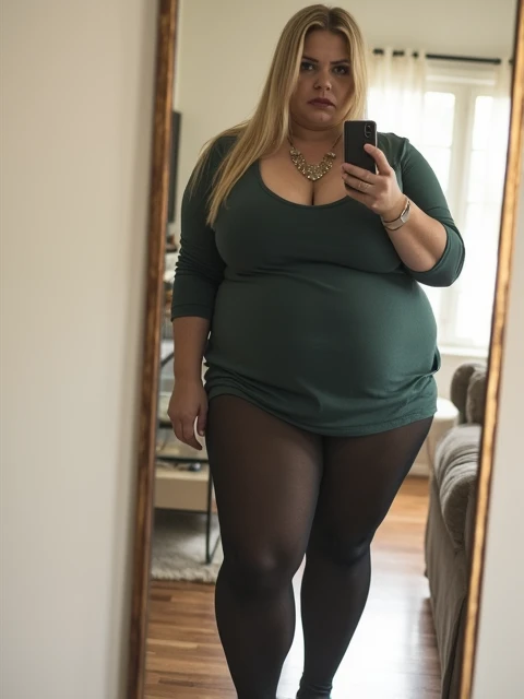 Fat woman, 40 years old white Caucasian woman, big hips, trick thighs, busty cleavage, fancy dressed for a party, jacket, shirt, pants, necklace, earrings, public bathroom, MILF, long straight blonde hair, elegant hair, make-up, lipstick, serious, chubby, bbw, selfie