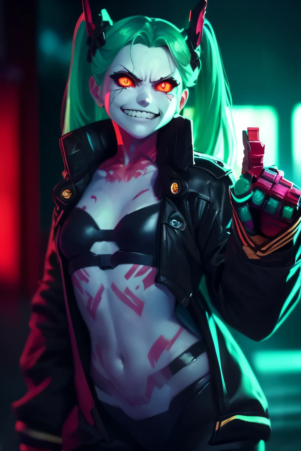 Rebecca, 1girl, young girl, 1 , futuristic cyberpunk, lewd grin, (twin tail, hairband, colored sclera, red sclera, green hair, green pupils, fang, red eyes, wearing a little sexy clothes, black croped jacket ), ((skinny body, tattoo)) , ((Showing hand:1.4)), ((psycho face, creppy smiling. Angry face )), cinematic, ultra highly detailed, beautiful details, vivid, saturated colors, filigree detailed, tiny details, pop surrealism, cowboy shot. hyper-realistic style, highly detailed textures, reflective and glossy surfaces, cinematic lighting, neon lights reflecting off her skin, urban cyberpunk cityscape in the background, (vivid colors), (high contrast), (sharp focus), (bokeh effect in the background), (moody atmosphere), (digital painting style), (masterpiece: 2), best quality, ultra highres, original, extremely detailed, perfect lighting. ((Abandoned urban wall background ))