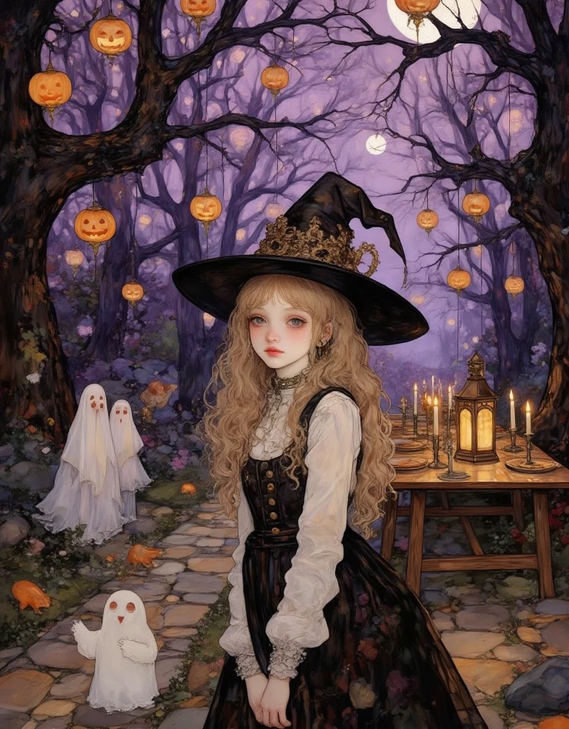 painting of a cute girl magical witch hat on standing waiting for halloween, aesthetic girl,  digital painting of halloween, elegant , in a oil painting style, in a painting of a yellow long hair girl, high quality digital painting, elegant digital painting, cute portrait, painting of a girl, painting of beautiful,digital art oil painting, ,,,An enchanted forest lit by glowing jack-o'-lanterns hanging from tree branches like lanterns. The forest is alive with magic, as glowing trails of purple mist swirl around the trees. A path of glowing stones leads to a mystical Halloween feast, set at a long, ancient wooden table draped in deep purple and black cloth. Ghosts, witches, and fairies gather around the table, enjoying elaborate platters of enchanted sweets, while magical creatures like glowing foxes and owls weave in and out of the trees. Above, the night sky glows with the light of a full moon