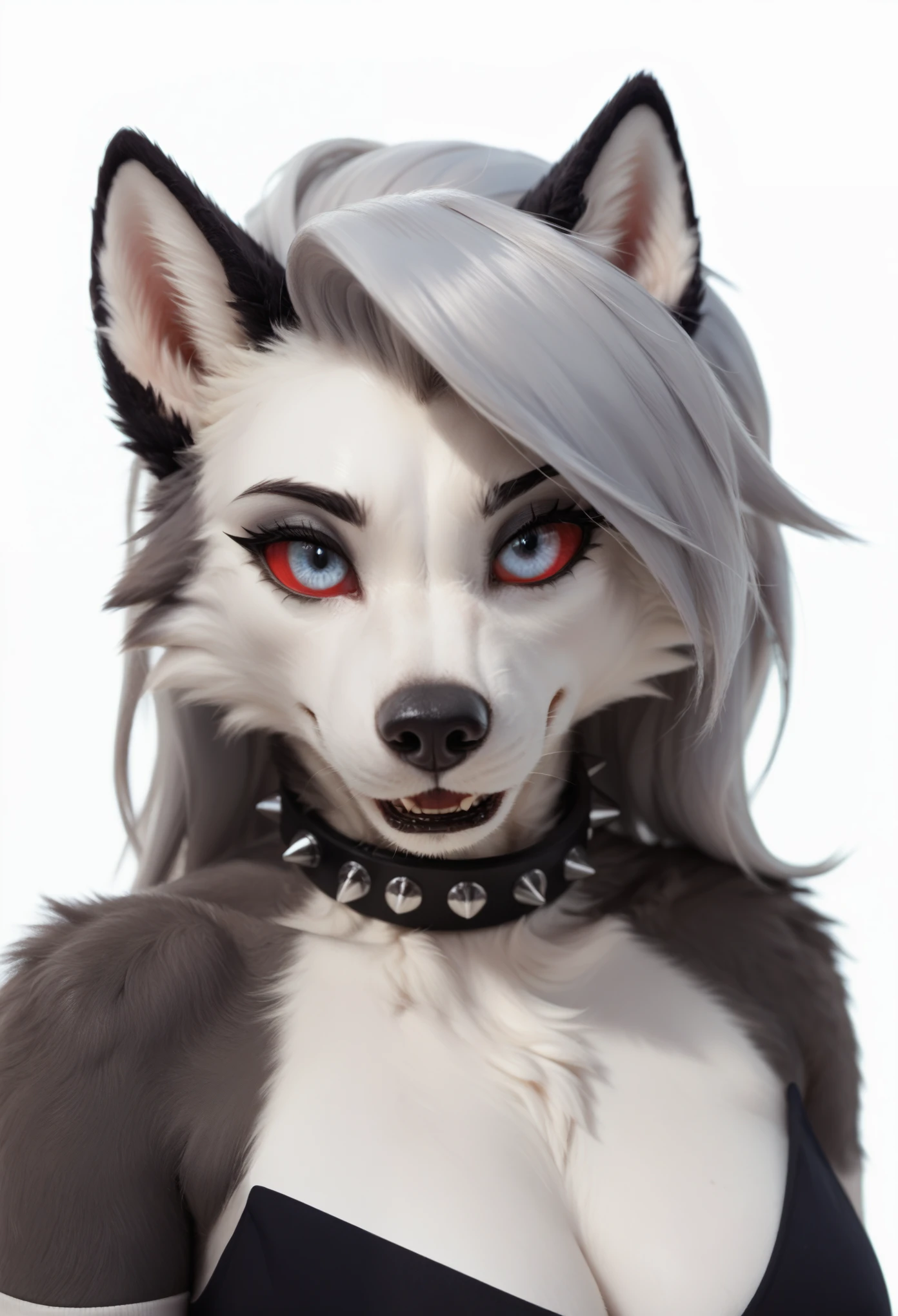 score_9, score_8_up, score_7_up, score_6_up, score_5_up, score_4_up, source_furry, realistic, photo, detailed face eyes hair and fur, BREAK, wolf furry girl, long hair, looking at viewer, high detail eyes, loona's clothes, (high detail grey fur)1.2, punk collar, fur paws, white background, Loona, Loona from helluva boss, detaild eyes