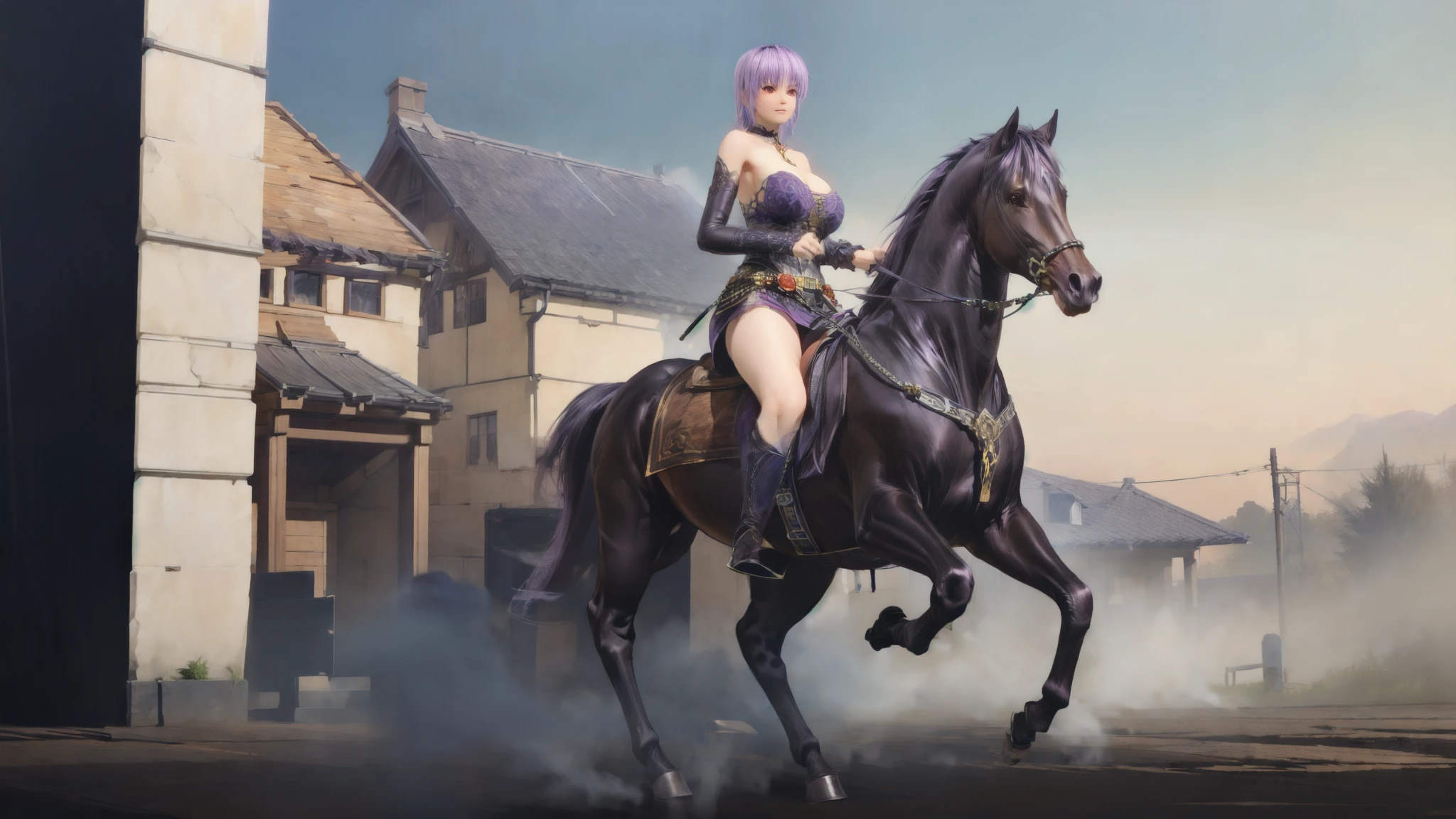 ((best quality)), ((masterpiece)), (high detailed), 8k, cinematic lighting, perfect face, large breast, cleavage, ayane riding a HORSE, (ayane, short hair, {purple hair}, red eyes), BREAK, (purple armor, purple pauldron, purple miniskirt, bare legs, purple boots), (brown horse, saddle, reins, bridle, stirups), solo, in mountainside, both hand holding rein, from side: 1.2, anatomically correct 