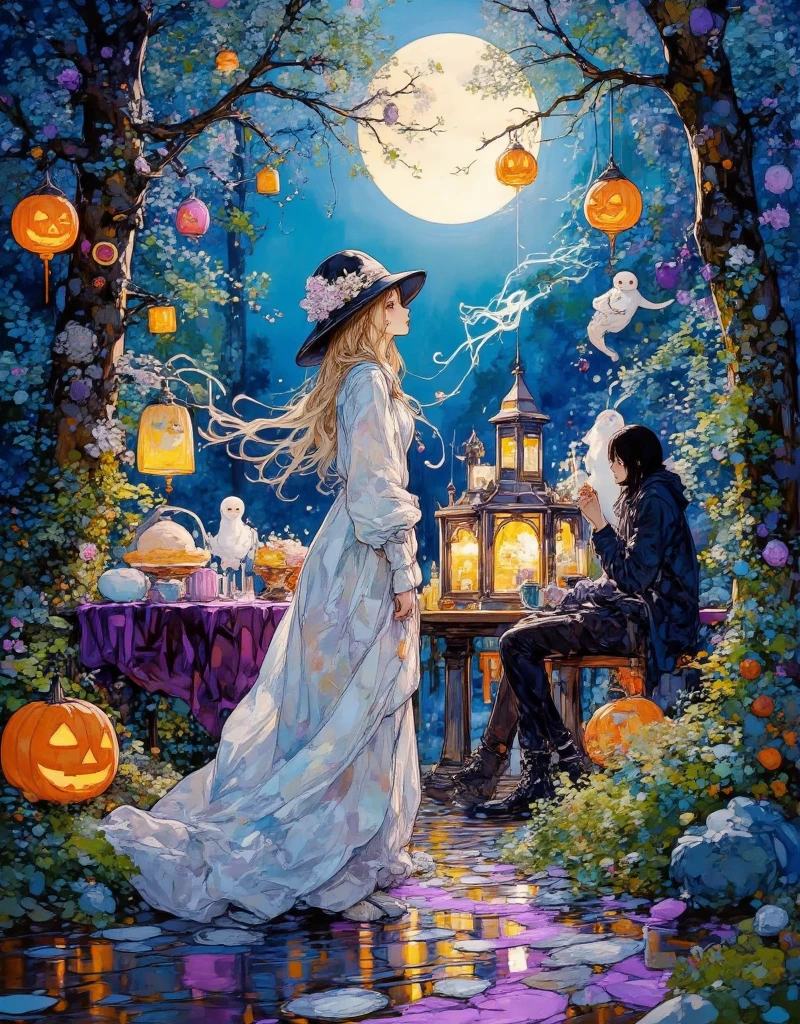 painting of a cute girl magical witch hat on standing waiting for halloween, aesthetic girl, digital painting of halloween, elegant , in a oil painting style, in a painting of a yellow long hair girl, high quality digital painting, elegant digital painting, cute portrait, painting of a girl, painting of beautiful,digital art oil painting, ,,,An enchanted forest lit by glowing jack-o'-lanterns hanging from tree branches like lanterns. The forest is alive with magic, as glowing trails of purple mist swirl around the trees. A path of glowing stones leads to a mystical Halloween feast, set at a long, ancient wooden table draped in deep purple and black cloth. Ghosts, witches, and fairies gather around the table, enjoying elaborate platters of enchanted sweets, while magical creatures like glowing foxes and owls weave in and out of the trees. Above, the night sky glows with the light of a full moon