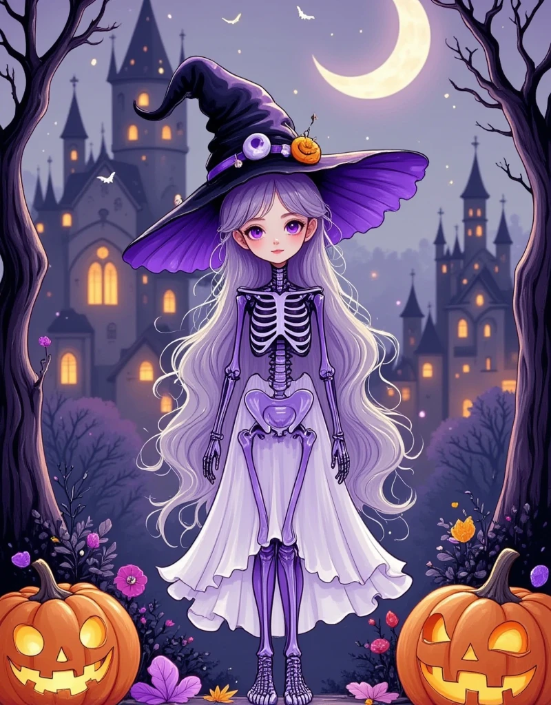  A Cartoon Ghost Doll ，Dissecting from the Middle ， Half Plastic Material ， Half Plastic Skull Skeleton ， Wears a Pointed Wizard Hat，Halloween pumpkin background， X-Ray Style Trendy Play ， Anatomical Style Doll ，OC Rendering，High-quality rendering，C4D， Ultra HD， Purple Orange Ambient Light 