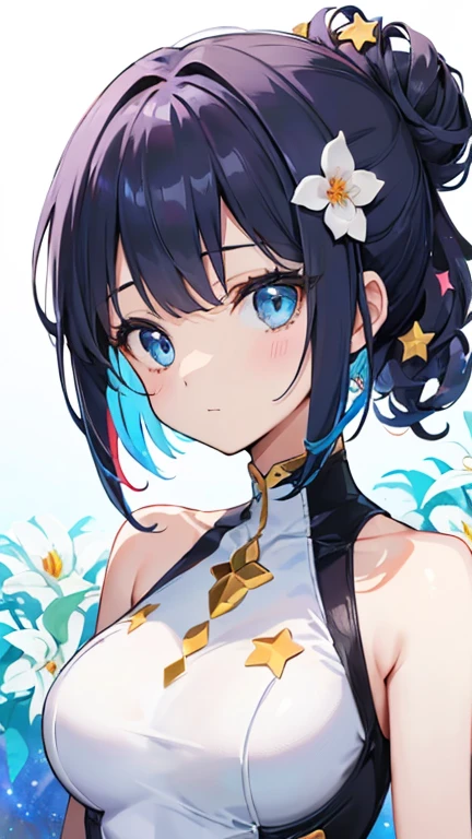 4ｋ、(full　bnody) 1 girl 、Beautiful and detailed、Bright blissful face 、cute ( hair up style) Short Hair、 galaxy background 、 blue eyes  (　
，detailed beautiful face and eyes，(looking at viewer)(Big breasts)4ｋ、 1 girl 、Beautiful and detailed、Bright blissful face 、cute ( hair up style) Short Hair、 galaxy background 、 blue eyes  
，detailed beautiful face and eyes，(looking at viewer)(Big breasts)
 White leotard、flower、star、colorful、
 White leotard、flower、star、colorful、