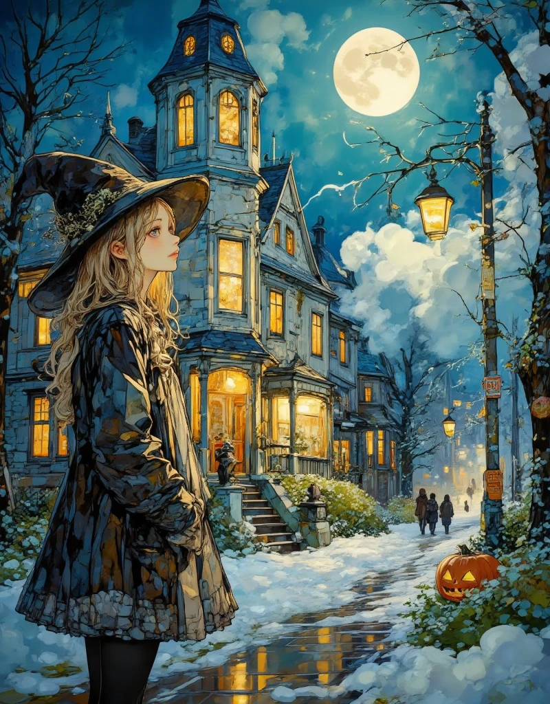 painting of a cute girl magical witch hat on standing waiting for halloween, aesthetic girl, digital painting of halloween, elegant , in a oil painting style, in a painting of a yellow long hair girl, high quality digital painting, elegant digital painting, cute portrait, painting of a girl, painting of beautiful,digital art oil painting, ,,,A haunted Victorian mansion on a hill, its windows glowing with dim orange light, and the silhouette of a witch flying across the full moon. The mansion is adorned with intricate Halloween decorations: twisted vines, cobwebs, and jack-o'-lanterns with flickering lights. In the front yard, eerie statues of gargoyles stand guard, while a group of trick-or-treaters cautiously approaches the door, dressed as vampires, ghosts, and skeletons. The atmosphere is thick with fog, and the wind rustles the dead leaves scattered across the path, adding to the chilling, yet festive mood