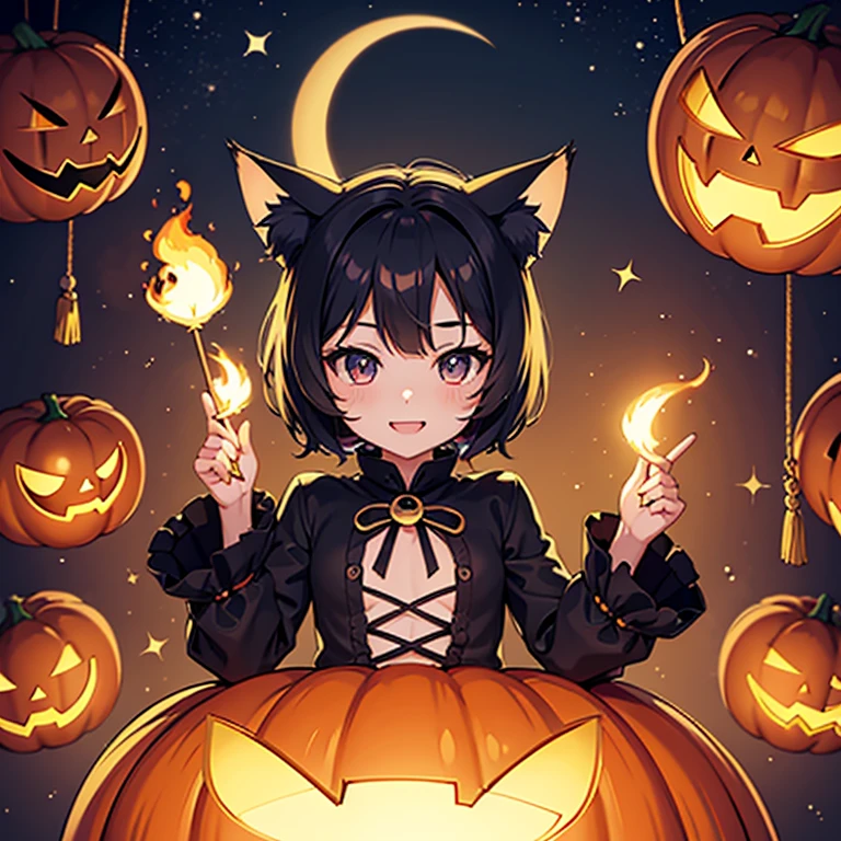 masterpiece, Illustration wallpaper,  avatar style, Chibi character style, Cat ear girl, Witch girl, Halloween, Happy face, Kitten,  jack-o-lantern,  Medieval European Style , rainbow, Crescent Moon, 