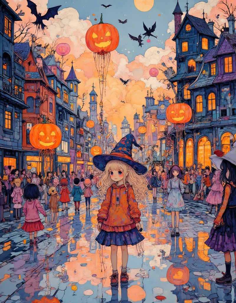 painting of a cute girl magical witch hat on standing waiting for halloween, aesthetic girl, digital painting of halloween, elegant , in a oil painting style, in a painting of a yellow long hair girl, high quality digital painting, elegant digital painting, cute portrait, painting of a girl, painting of beautiful,digital art oil painting, ,,,A bustling Halloween street parade, with costumed dancers, skeleton floats, and pumpkin-headed performers parading down the avenue. The crowd is lined with excited spectators, ren waving glow sticks and holding candy buckets shaped like ghosts and witches. The sky is lit with glowing balloons shaped like black cats and witches on brooms. A massive float shaped like a haunted house rolls down the street, complete with spooky sound effects, glowing eyes peering out from the windows, and smoke billowing from its chimneys. The festive atmosphere is filled with laughter, cheers, and the sweet scent of candy