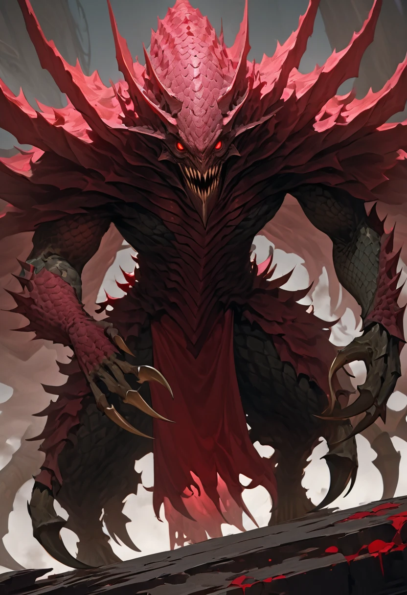 Appearance: Nemesis would appear as a creature with scaly skin and red eyes. He would have armor covering much of his body, with sharp claws and a large weapon on his right arm, high definition 8k