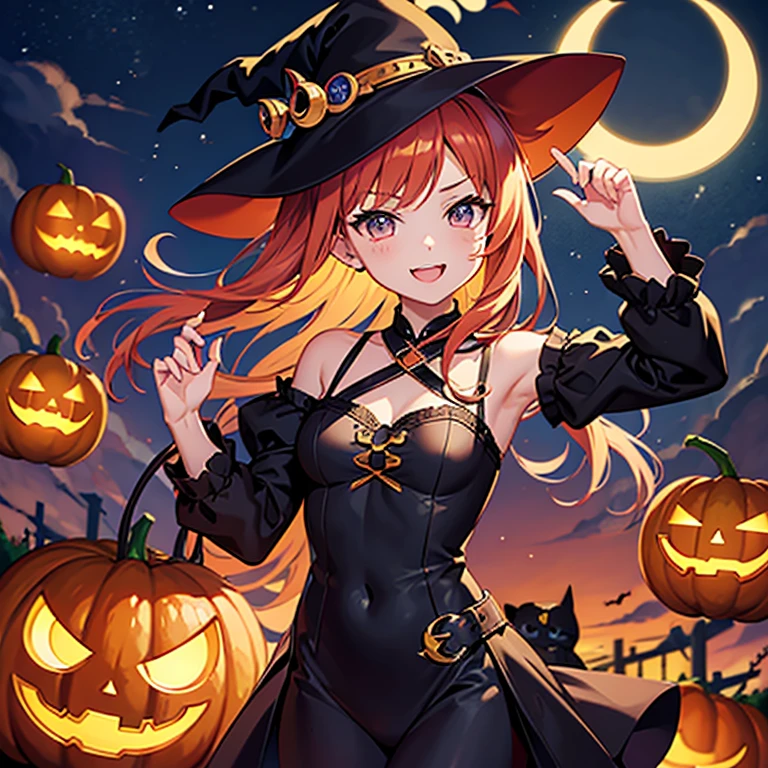 masterpiece, Illustration wallpaper,  avatar style, Chibi character style , Cat ear girl, Witch girl, Halloween, Happy face, Kitten,  jack-o-lantern,  medieval European background, rainbow, Crescent Moon, 