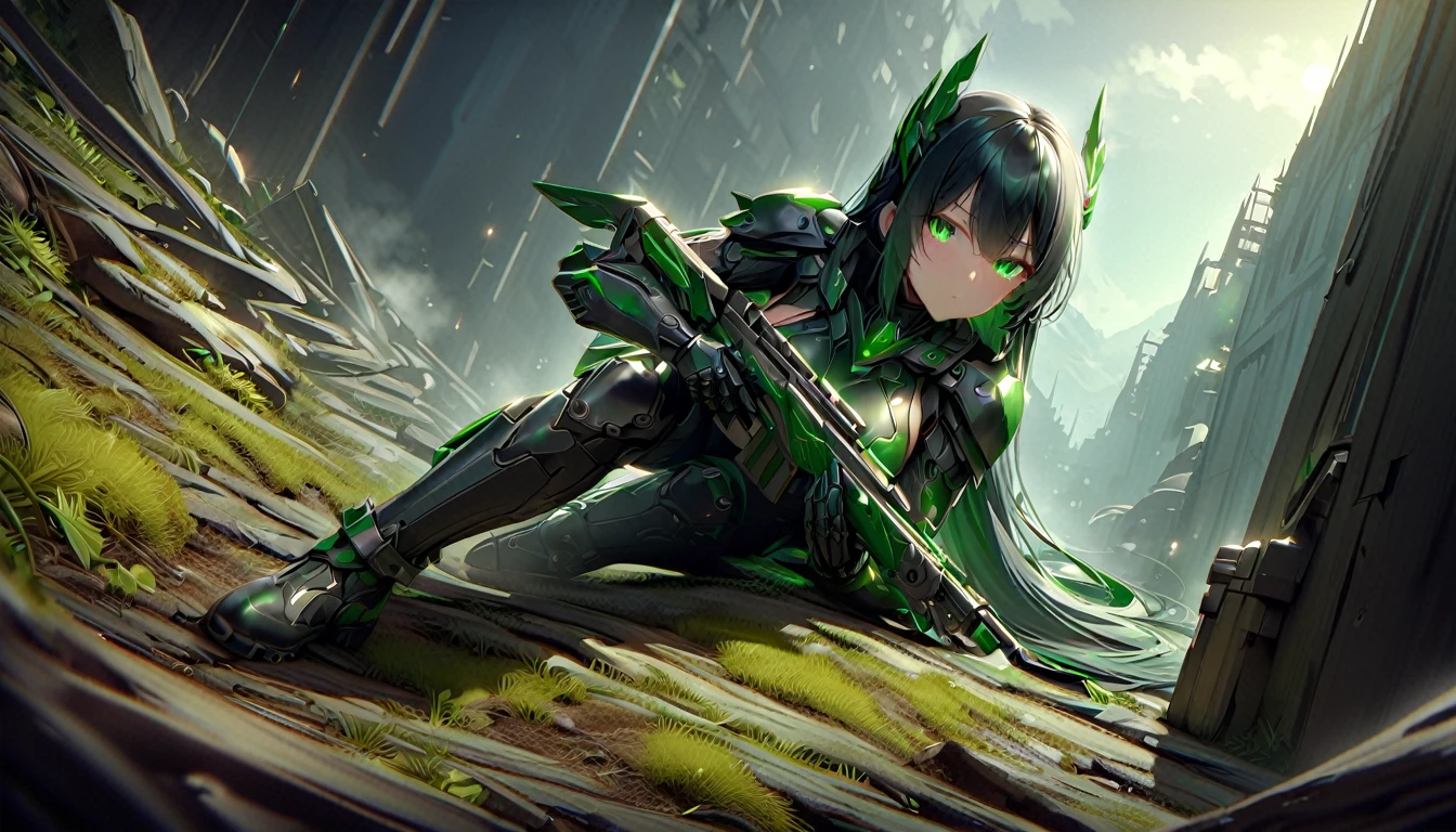 girl masterpiece, best quality, high resolution, best detailed, HDR, 4k, 8k, black hair, very long hair, detailed face, beautiful shape, green eyes, blue and white armor, mechanical gloves, mechanical long boots, mechanical wing, holding a rifle, looking over, 