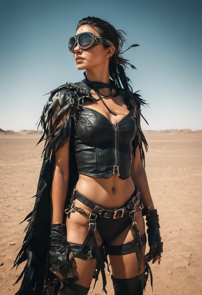 A photo of a Mad Max-esque woman, adorned with a spiked leather headband and goggles, ready to conquer the harsh desert terrain. Her braided black hair is intertwined with colorful feathers, symbolizing her connection to nature. She wears a patchwork cape made from animal skins, which blends in with the rugged surroundings. Her intense brown eyes exude resilience and wisdom. With a stunning, athletic body, she wears black shorts that hug her powerful buttocks, long legs with black stockings that reach up to her thighs, and black boots. The background shows a vast, arid desert with imposing rock formations in the distance. The camera angle is from a low perspective, seen from behind, buttocks in the foreground, highlighting her dominance in the scene. ISO 400, shutter speed 1/320, focal length 50mm, and a medium depth of field. The sun shines brightly, casting intense shadows and creating a high contrast image. The epic character composition, combined with sharp focus and natural lighting, brings the captivating image to life. The subsurface scattering effect adds a touch of ethereal glow, while the f2 aperture and 35mm lens create a perfect balance of depth and detail. 99post96apocalyptic44