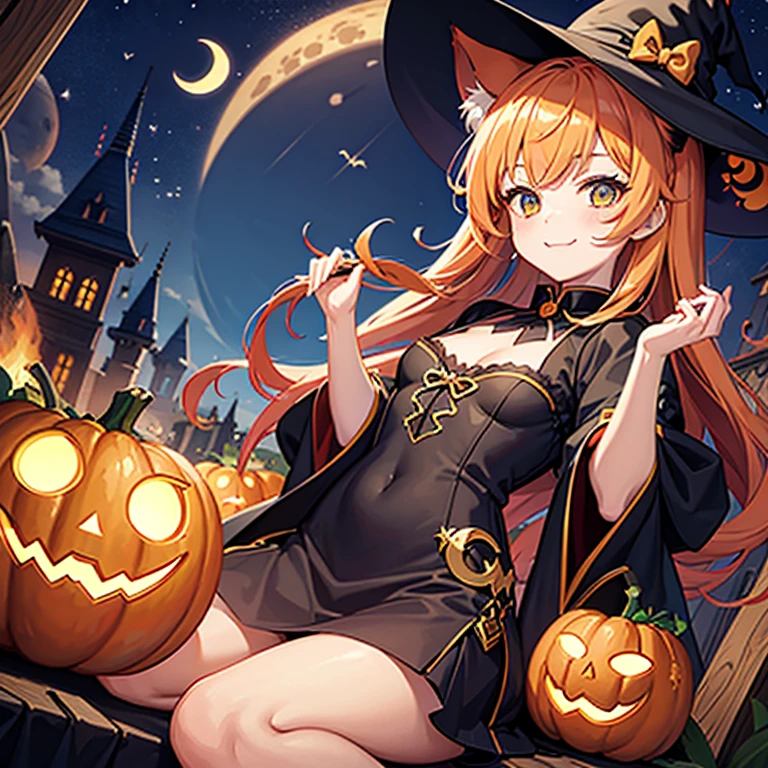 masterpiece, Illustration wallpaper,  avatar style,  little character , Cat ear girl, Witch girl, Halloween, Happy face, cute kitty ,  jack-o-lantern,  medieval European background, rainbow, Crescent Moon, 