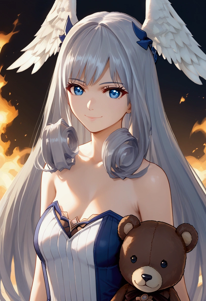 socre_9, score_8, source_anime,(masterpiece), best quality, expressive eyes, perfect face, alternate outfit, alternative custome, 1girl, solo, nude, naked, no clothes,  medium breasts, melia antiqua, head wings, blue eyes, long hair, hagging teddy bear, happy smile, flusshed