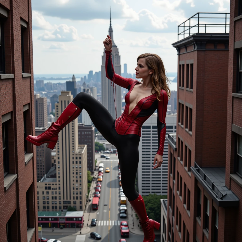 A photo of Emma Watson dressed as a highly (sexualized:1.6) Spider woman swinging on her spider web with her legs open high up between the buildings of new york city. The costume is very tight and ripped in inappropriate places and shows off her exotic sultry side. 